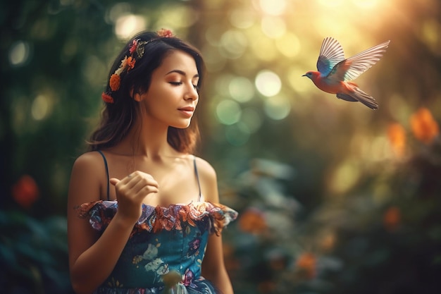 Una mujer con un vestido azul y un pájaro volando en el aire.