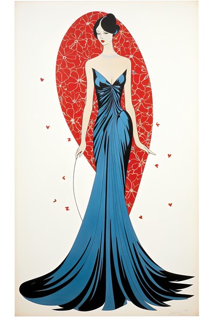 una mujer en un vestido azul con un patrón de flor roja
