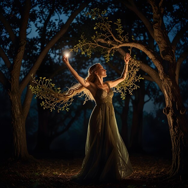 Foto una mujer con un vestido azul está de pie en el bosque