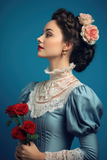 Una mujer con un vestido azul y una rosa roja.