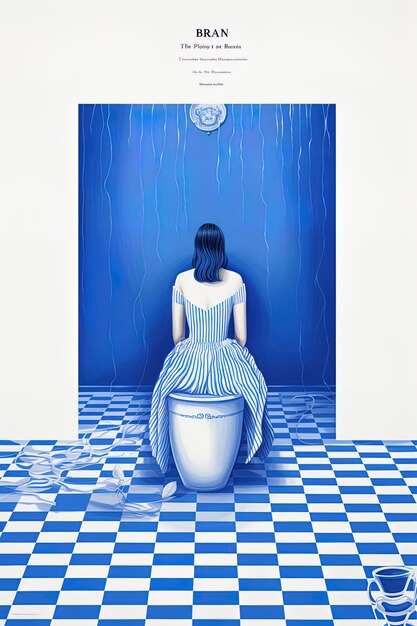 Foto una mujer con un vestido azul está sentada en un inodoro en una habitación azul con una mujer en el inodoro