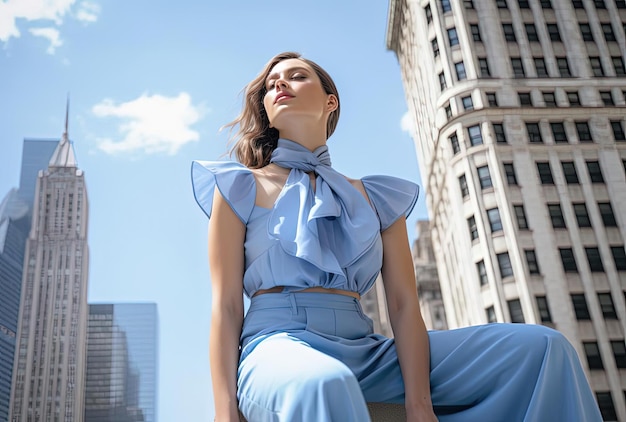 Foto una mujer con un vestido azul está sentada en una repisa