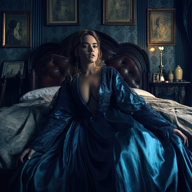 una mujer con un vestido azul se sienta en una habitación oscura
