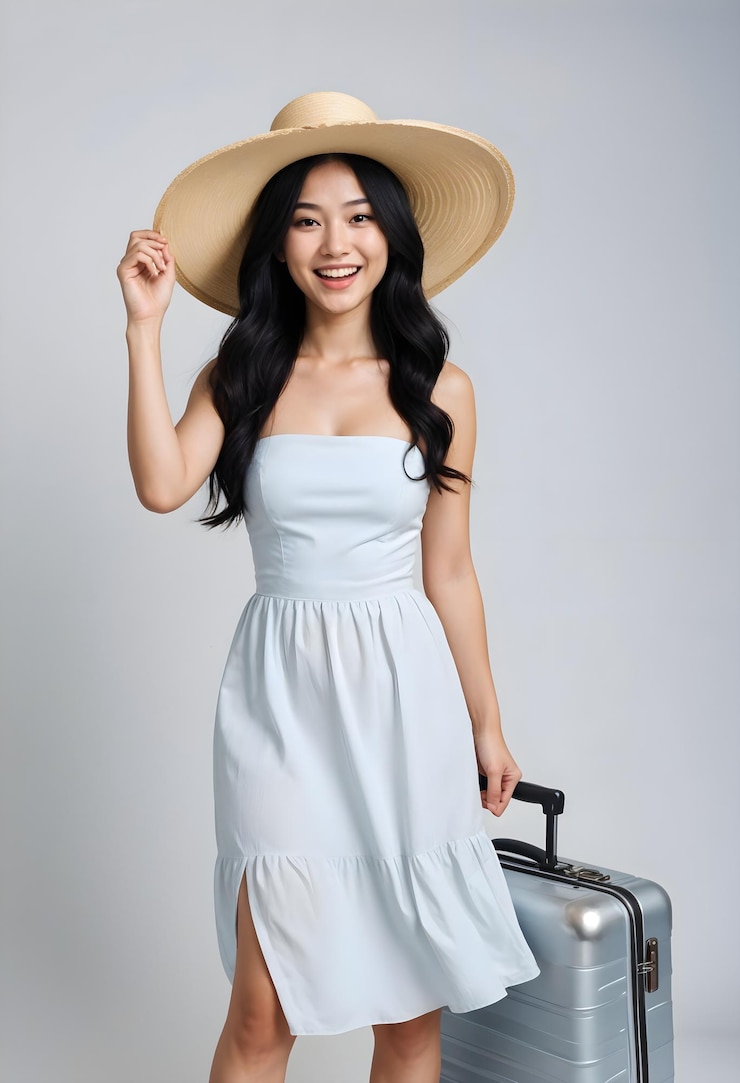 una mujer con un vestido azul y un sombrero en la cabeza
