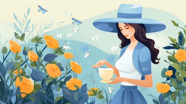 Foto una mujer con un vestido azul está sosteniendo una taza de té y una flor con mariposas en ella