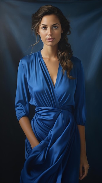Una mujer con un vestido azul y un top azul.
