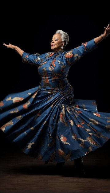 Foto una mujer en un vestido azul con un vestido azul en él