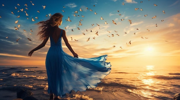 Mujer con vestido azul volando sobre el viento