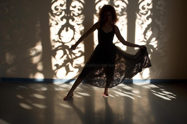 Foto una mujer en un vestido está bailando en un piso con el sol brillando en su espalda