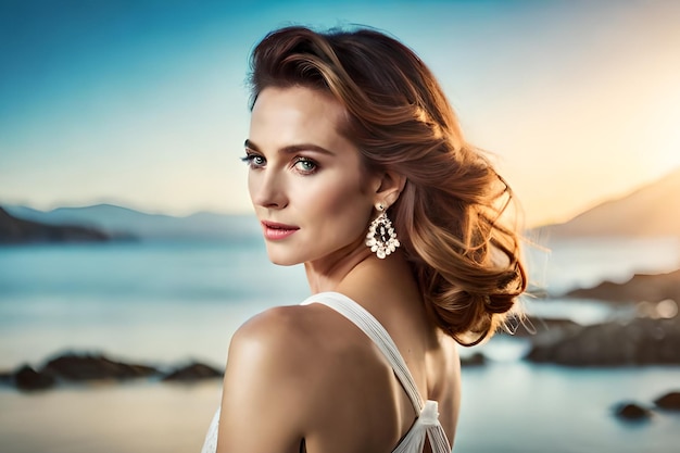 Una mujer con vestido blanco y aretes.