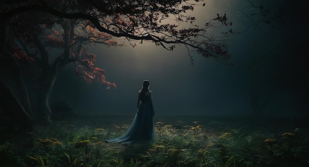 Mujer con vestido blanco en un bosque