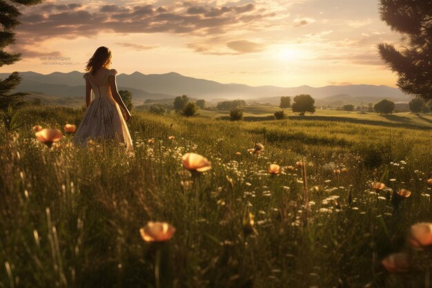 una mujer con un vestido blanco camina por un campo de amapolas al atardecer