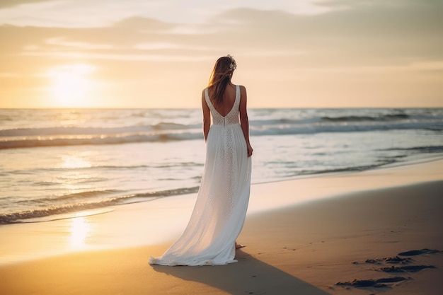 mujer con vestido blanco caminando por la playa al atardecer IA generada