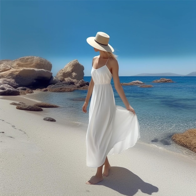 mujer con vestido blanco caminando en la playa cerca de un mar azul