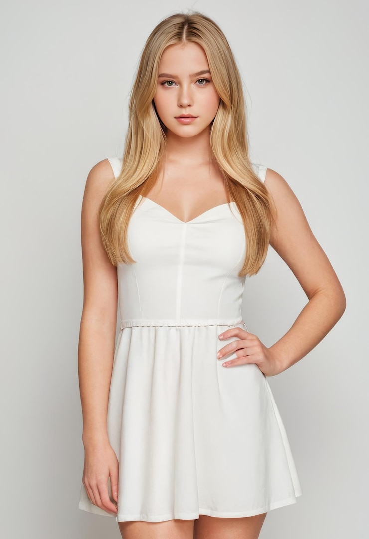 una mujer en un vestido blanco con una camiseta blanca de pie contra un fondo gris