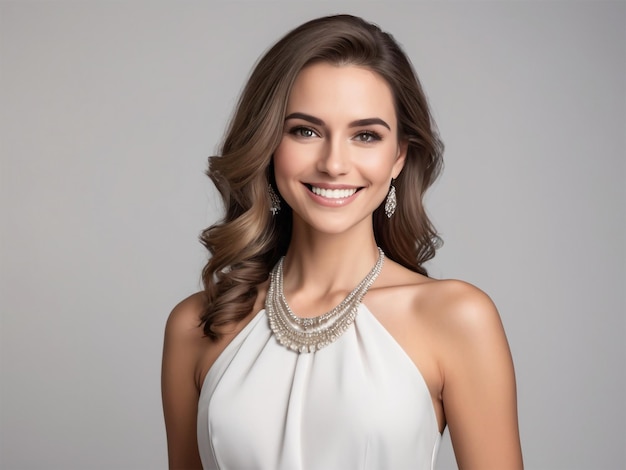 una mujer con un vestido blanco con un collar