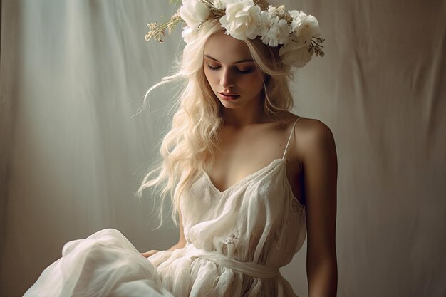 Una mujer con un vestido blanco y una corona de flores en la cabeza.