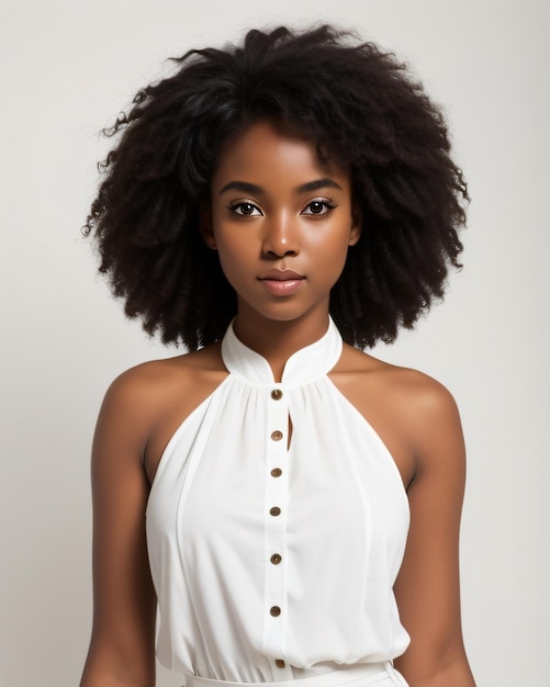 Una mujer con un vestido blanco con cuello blanco.