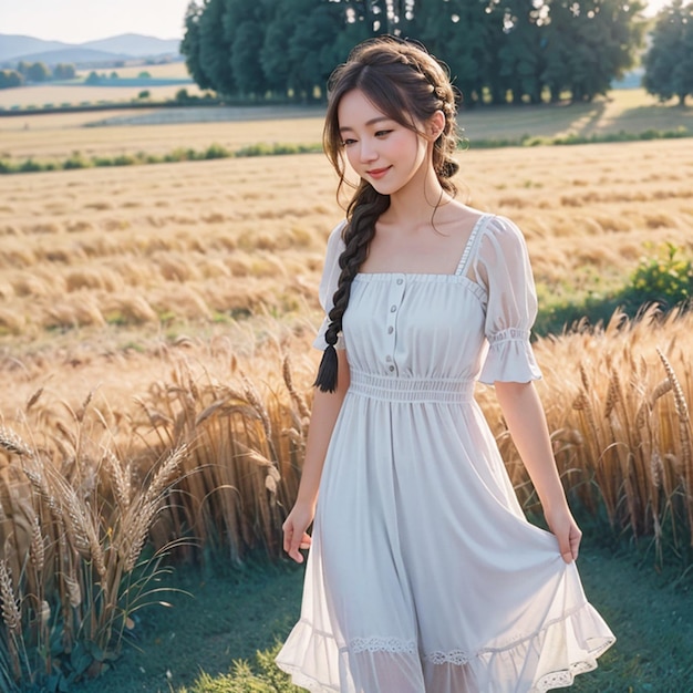 Una mujer con un vestido blanco se encuentra en un campo de trigo.