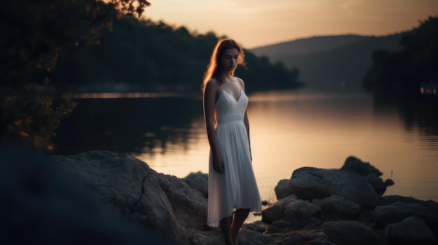 Una mujer con un vestido blanco se encuentra en una orilla rocosa frente a un lago.