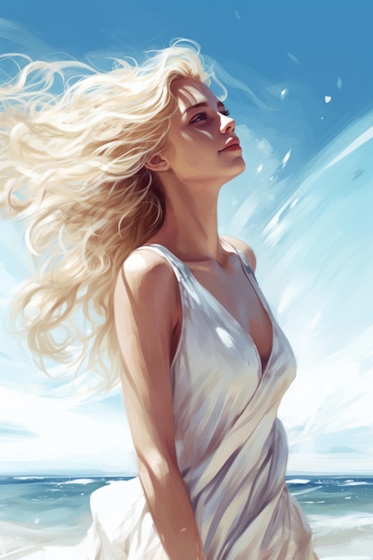 Una mujer con un vestido blanco se encuentra en una playa y mira hacia el cielo.