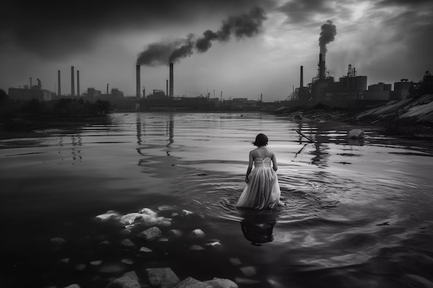 Una mujer con un vestido blanco está en el agua con un palo en la mano.