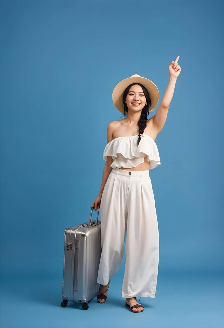 una mujer con un vestido blanco está apuntando a una bolsa de viaje