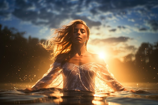 Una mujer con un vestido blanco está flotando en el agua