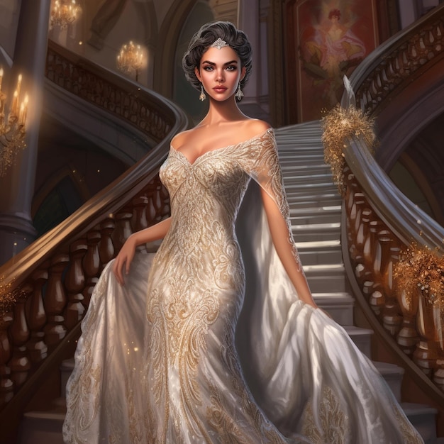 una mujer con un vestido blanco está de pie en una escalera.