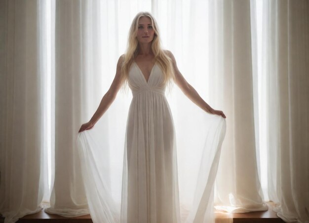 una mujer con un vestido blanco está de pie frente a una cortina