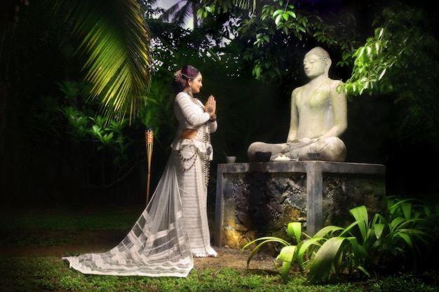 Una mujer con un vestido blanco está de pie frente a una estatua.
