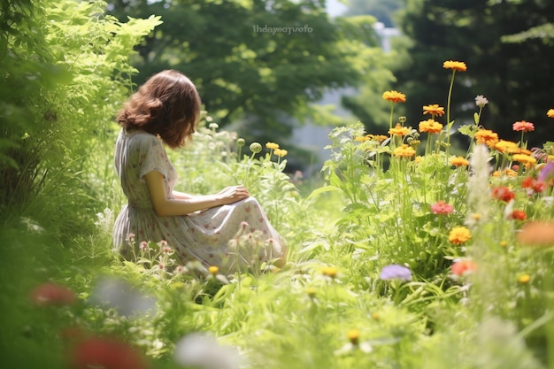 Una mujer con un vestido blanco está sentada en un campo de flores.
