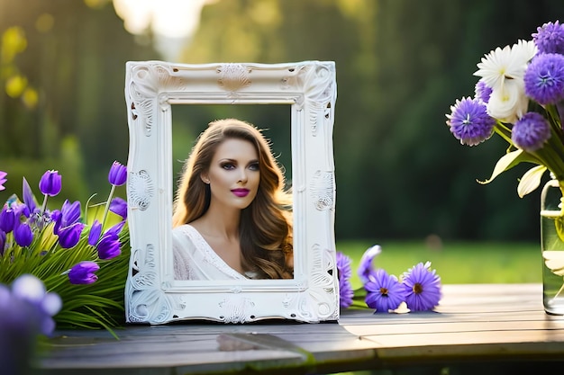 Una mujer con un vestido blanco está sentada en una mesa con flores.