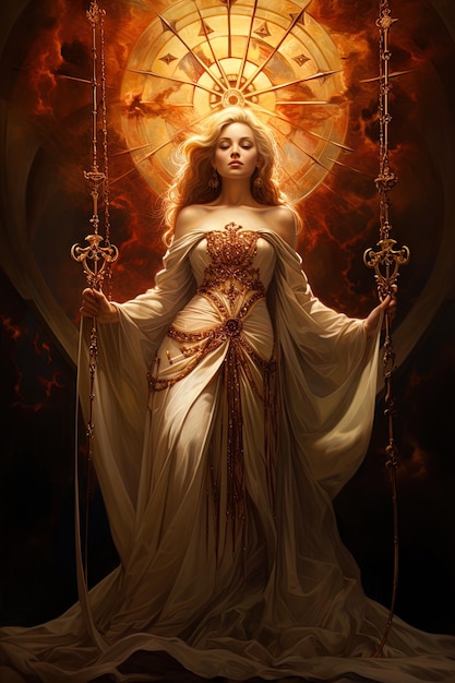 una mujer con un vestido blanco está sosteniendo una espada de oro