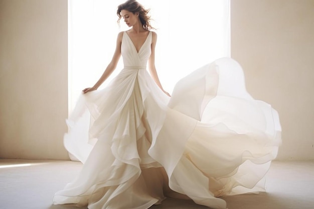 una mujer con un vestido blanco con una falda larga y suelta.