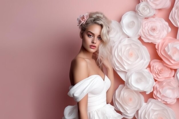 Una mujer con un vestido blanco con flores en la pared.