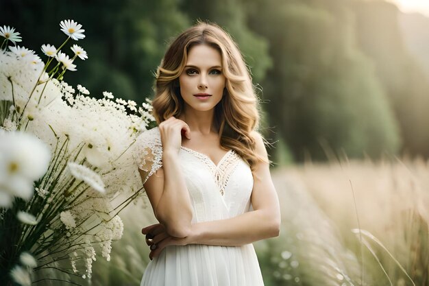 mujer con un vestido blanco con flores