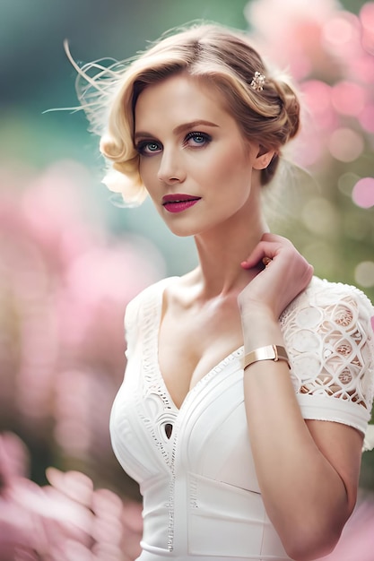 Una mujer con un vestido blanco se para frente a un fondo rosa con una flor rosa.