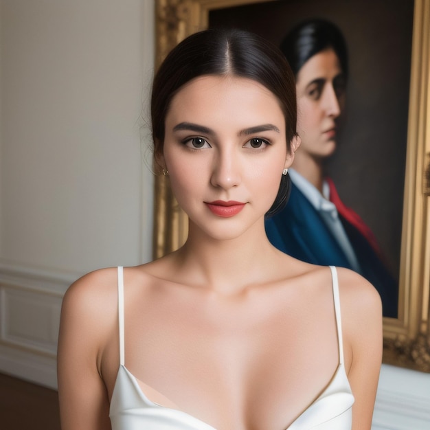 Una mujer con un vestido blanco se para frente a una pintura de un hombre.