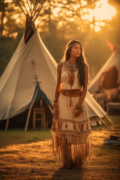 Una mujer con un vestido blanco se para frente a un tipi.