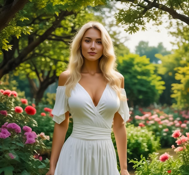 Foto una mujer con un vestido blanco está en un jardín de flores