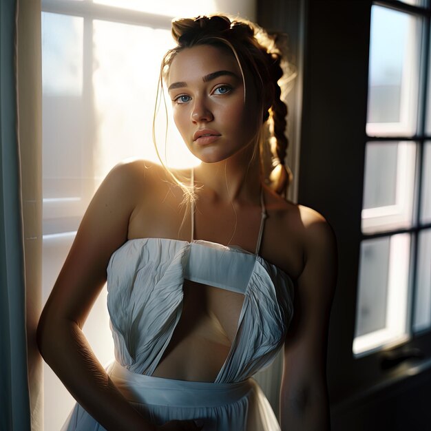 Foto una mujer en un vestido blanco con una luz en su cara