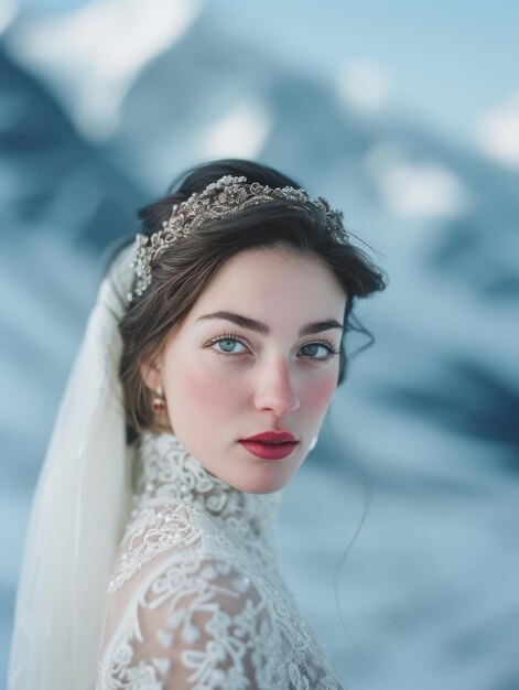 Foto mujer con un vestido blanco en una montaña de nieve