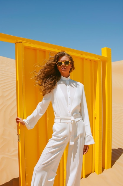 Una mujer con un vestido blanco y pantalones blancos está de pie frente a una puerta amarilla