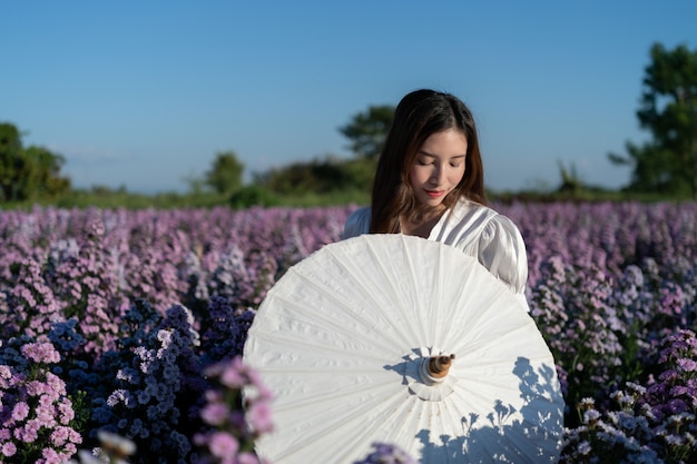 Mujer en vestido blanco con paraguas blanco posando en campo de flor de margaret púrpura.