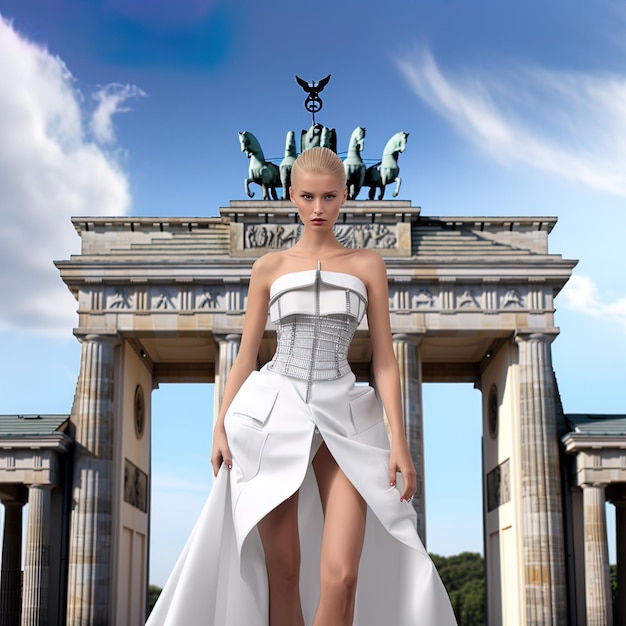 Foto una mujer con un vestido blanco está de pie frente a un edificio con la palabra palacio en el frente