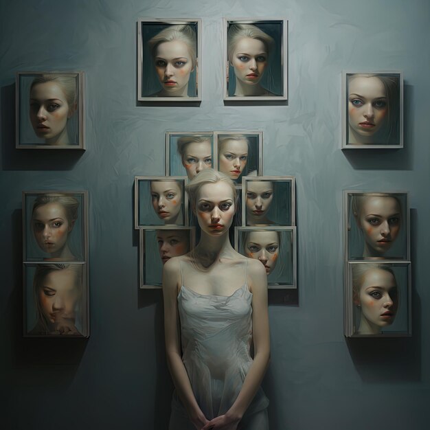 Foto una mujer con un vestido blanco de pie frente a una pared con imágenes de mujeres delante de ellos