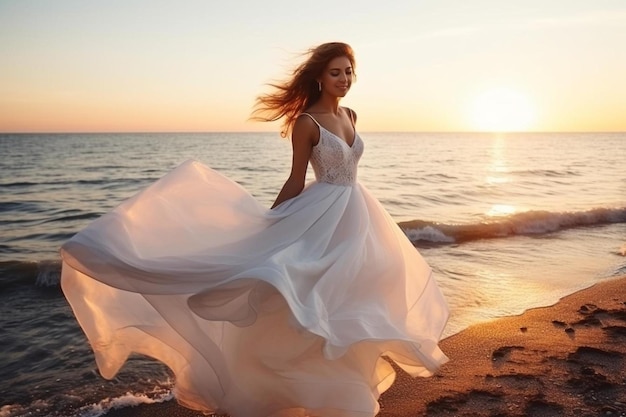 una mujer con un vestido blanco de pie en una playa