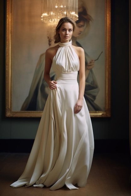 Mujer con vestido blanco posando frente a una obra de arte