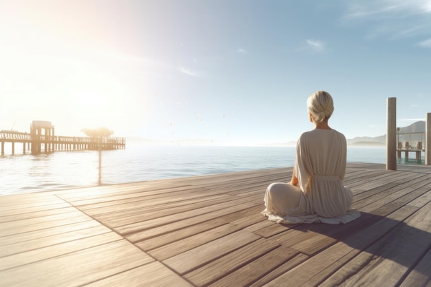 Mujer con vestido blanco sentada en postura de loto cerca del mar practicando yoga con IA generativa Seaview